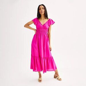 Women's XS Vibrant Pink Dress with Ruffle Sleeves